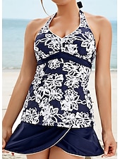 billiga Tankinis-Dam Badkläder Tankini 2 st Kjol Baddräkt Öppen rygg Hög midja Semester Standkläder Blommig V-hals Ärmlös Baddräkter