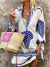ieftine Rochii casual florale-Pentru femei Rochie Mini Rochii Tip Cămașă Rochie casual Casual Zilnic Fit regulat Geometric Manșon Lung Guler Cămașă Negru Albastru piscină Trifoi Vară Primăvară Toamnă