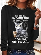 cheap Humor&amp;Quotes tee-Women&#039;s 100% Cotton Tunic T Shirt Fashion Casual Print Long Sleeve Regular Tops Crew Neck Daily Black White Spring Fall