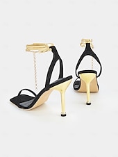 cheap Dress Sandals-Women&#039;s Black Suede Stiletto Heels with Gold Wrap-Around Ankle Straps and Square Toe – Sexy High Heel Sandals for Parties and Evening Events