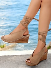 cheap Vacation Sandals-Women&#039;s Khaki Faux Suede Wedge Sandals with Peep-Toe and Wraparound Ankle Straps - Comfortable Summer Shoes for Casual and Beach Wear