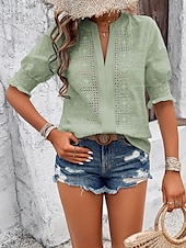 preiswerte Spitzenoberteile-Damen Hemd Bluse Feste Farbe Basic Brautkleider schlicht Halbe Ärmel Gekerbter Hals Normale Oberteile Täglich Bestickt Weiß Rosa Grün Sommer Frühling &amp; Herbst