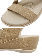 クッションソール付きレディースグリーン伸縮性ストラップウェッジサンダル - カジュアルウェアや旅行に最適な快適な夏用シューズ お買い得  快適なサンダル-クッションソール付きレディースグリーン伸縮性ストラップウェッジサンダル - カジュアルウェアや旅行に最適な快適な夏用シューズ