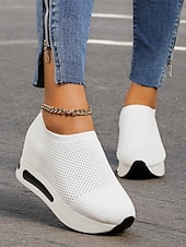 billige Sneakers til kvinner-hvite slip-on-strikkede joggesko for kvinner med pustende mesh og skjult hæl - lette fritidssko for turgåing og hverdagsbruk