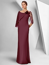 cheap Floor Length-Sheath / Column Dress Mother of the Bride Dress Elegant Bateau Neck Floor Length Chiffon 3/4 Length Sleeve with Lace Solid Color
