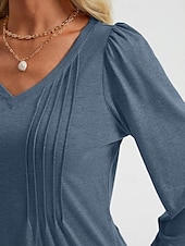 cheap Plain tee-Women&#039;s Shirt Blouse Solid Color Basic Casual Long Sleeve V Neck Regular Tops Daily Ruched Smocked Pink Blue Green Summer Spring