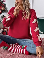 cheap Textured Hoodies &amp; Sweatshirts-Women&#039;s Sweatshirt Casual Plain Street Dailywear Crew Neck Patchwork Long Sleeve Red Fall Winter