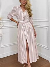 voordelige Blousejurken-dames gestreepte overhemdkraag maxi-jurk 3/4 mouw zomer lente