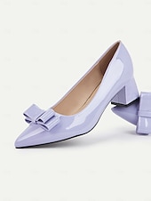 levne Block Heels-dámské elegantní levandulové lodičky z lakované umělé kůže – špicovité podpatky s mašličkovým designem, ideální do kanceláře, na večírky a formální příležitosti