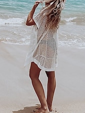 preiswerte Strandkleider-Damen Normal Sommerkleid Tropisch Hawaiianisch Glatt Midikleid Kurzarm Rundhalsausschnitt Patchwork Öse Regular Fit Strand Weiß Sommer