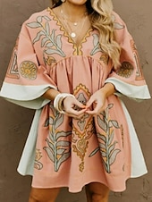 tanie Sukienki boho-Damskie Sukienka mini Codzienne sukienki Sukienka Boho Bohema Zabytkowe Codzienny Urlop Codzienny Regularny Kwiaty Rękaw 3/4 W serek Fuksja Pomarańczowy Zielony Wiosna Jesień