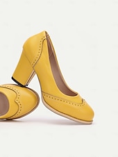 olcso 1950-es évek-női sárga vintage ihletésű sarkú brogue részletekkel, vaskos sarokkal és felbújós kialakítással, tökéletes munkaruházathoz és különleges alkalmakra