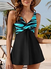 cheap Swimdresses-Women&#039;s Swimwear Swimdresses Tankini Swimsuit Backless High Waist Vacation Beach Wear Striped V Neck Sleeveless Bathing Suits