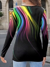 abordables T-shirt Art &amp; Design-Femme T shirt A Ombre Décontractées manche longue Col cranté Hauts réguliers Vacances du quotidien Imprimer Noir Printemps &amp; Automne