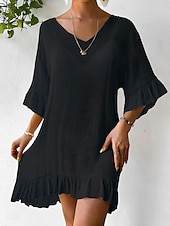 cheap Design Cotton &amp; Linen Dresses-Women&#039;s Midi Dress Linen-Inspired Dresses White Dress Black Dress Casual Dress Elegant Stylish Casual Vacation Daily Regular Fit Plain Short Sleeve V Neck Black White Summer