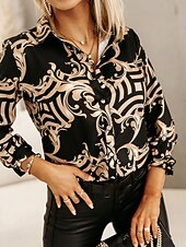 voordelige Vrouwen&#039;s Kunst &amp; Design Tops-Dames Overhemd Blouse Bloemig Grafisch Basic Casual Lange mouw Overhemdkraag Normale tops Dagelijks Knop Afdrukken Zwart Wit Blozend Roze Herfst Winter