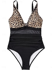 abordables Maillots une pièce-Femme Maillots de Bain Une pièce Maillot de bain Dos Nu Patchwork Rétro Vintage Mode Léopard Col V Sans Manches Maillots de bain