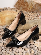 levne Block Heels-dámské elegantní levandulové lodičky z lakované umělé kůže – špicovité podpatky s mašličkovým designem, ideální do kanceláře, na večírky a formální příležitosti