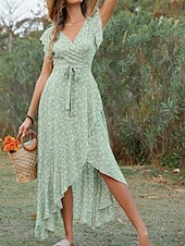 voordelige Casual bloemenjurken-Dames Maxi-jurk Casual jurk Boho chique jurken Bohemen leuke Style Stijlvol Flutter mouw Vakantie Dagelijks Strand Ruim Passend Grafisch Korte mouw V-hals Groen Donkerblauw Zomer Lente