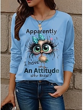 cheap Humor&amp;Quotes tee-Women&#039;s T Shirt Animal Letter Fashion Modern Casual Long Sleeve Crew Neck Regular Tops Daily Weekend Print Black White Yellow Red Sky Blue Fall Winter