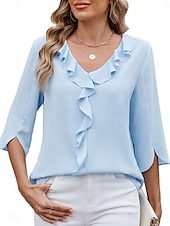 billige Kvinne Enkle Topper-Dame Skjorte Bluse Helfarge Grunnleggende Fritid 3/4 ermer V-hals Vanlige topper Daglig Drapering Lapper Himmelblå Fuksia Grønn Sommer Vår