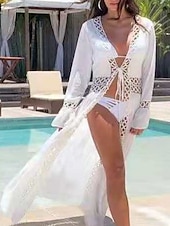 abordables Robes de plage-Robes de plage femme couvrant maillots de bain en dentelle patchwork Vêtements de plage de vacances Couleur unie à manches longues