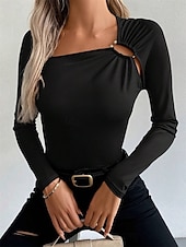 cheap Plain Tops-Women&#039;s Blouse Solid Color Elegant Daily Stylish Long Sleeve Square Neck Regular Tops Daily Holiday Going out Patchwork Black Wine Spring Fall Winter