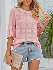 お買い得  単色-女性用 ニット カジュアル ソフト ピュアカラー リブ クルーネック ニット 七分袖 レギュラートップス ニット アウトドア 日常 週末 ホワイト ピンク 春 秋