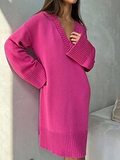 billiga Stickade klänningar-Dam Tröja Tröja klänning Ledigt Mjukt Ren färg Ribbad V-hals Stickat Långärmad Långa toppar Sticka Utomhus Dagligen Helgen Svart Fuchsia Höst Vinter
