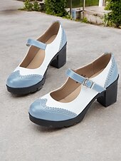 olcso Block Heels-női kék-fehér mary jane vaskos sarkú cipő brogue részletekkel, vintage stílusú kényelmes pumpák irodába, bulikba és mindennapi viseletre