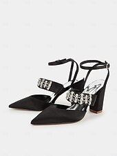 cheap Formal-Women&#039;s Black Satin Pointed Toe Heels – Rhinestone Embellished Ankle Strap Chunky Heels for Evening Parties and Weddings