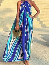 tanie Drukuj kwiatowe sukienki-Damskie Normalny Sukienka maxi Sukienki w stylu boho Bohema Plaża Regularny Graficzny Bez rękawów Kantarka Niebieski Lato