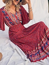 levne Boho šaty-Dámské Maxi šaty Volnočasové šaty Swingové šaty Áčkové šaty Boho šaty Na běžné nošení Denní Běžný Květinový Poloviční rukáv Do V Žlutá Rubínově červená Vodní modrá Léto Jaro Podzim