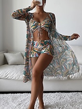 billiga Bikiniset i 3 delar-Dam Badkläder Bikini Tre delar Pojkeben Baddräkt Öppen rygg Smal Semester Standkläder Färgblock Halterneck Ärmlös Långärmad Baddräkter