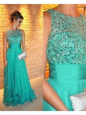 cheap GREEN-A-Line Evening Gown Elegant Dress Formal Wedding Guest Sweep / Brush Train Sleeveless Jewel Neck Chiffon with Rhinestone 2025