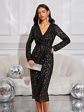 cheap Cocktail Dress-Women's Knee Length Dress Black Dress Sequin Dress Elegant Party Cocktail Party Regular Fit Long Sleeve Deep V Black Spring Fall