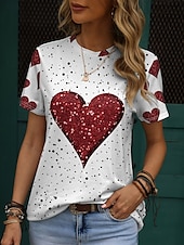 cheap Art&amp;Design tee-Valentine Women&#039;s Heart T Shirt Casual Regular Tops Short Sleeve Round Neck Print Regular Fit Valentine&#039;s Day Daily White Summer