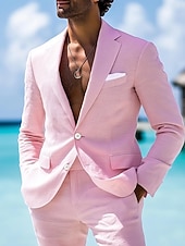 cheap Beach Suits-Men&#039;s Beach Wedding Linen Suits Pink Solid Colored Tailored Fit 2 Piece Single Breasted Two-buttons