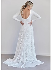 preiswerte Hochzeitskleider-Hochzeitskleider A-Linie Bootsausschnitt Lange Ärmel Gerichtstraining Spitzenbrautkleider mit Raffung einfarbig
