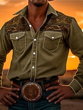 abordables camisas occidentales de los hombres-Hombre Tribal Impresión de pañuelo Camisa camisa occidental Manga Larga Camisa Cuello Vuelto Vintage Exterior Calle Casual Diario Rosa Rojo Azul S M L