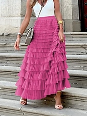 abordables Faldas de gasa-Mujer Falda Línea A Moda Casual Maxi Alta cintura Faldas Color sólido Volante Multi capa Calle Diario Blanco Fucsia Invierno Poliéster