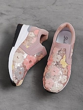 levne Dámské tenisky-dámské květinové flitrové slip-on tenisky - pohodlné třpytivé ležérní boty s klínovou podrážkou, ideální na procházky nebo párty