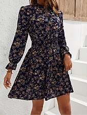 cheap Casual Floral Dresses-Women&#039;s Normal Midi Dress Chiffon Dress Elegant Vacation Date Regular Fit Floral Graphic Long Sleeve Stand Collar Navy Blue Spring Fall