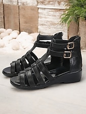 cheap Casual Sandals-Women&#039;s Gladiator Strappy Open Toe Sandals with Double Buckle, Low Wedge Heel Comfortable Summer Shoes for Casual, Vacation, and Daily Wear