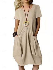 cheap Design Cotton &amp; Linen Dresses-Women&#039;s Mini Dress Cotton Linen Dresses Casual Dress Stylish Basic Casual Vacation Daily Regular Fit Plain Short Sleeve V Neck Black Khaki Army Green Summer Spring