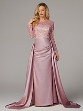 preiswerte Sekt-Meerjungfrau Abendkleid Elegantes Kleid Karneval Maskerade bodenlang langärmlig Illusions-Ausschnitt Champagner Brautmutter Kleid Satin mit Perlen Überrock