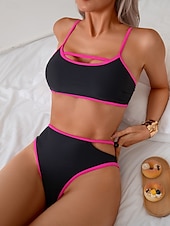 billiga Bikiniset-Dam Badkläder Bikini 2 st Kalsonger Baddräkt Öppen rygg Smal Hög midja Semester Standkläder Ensfärgat U-hals Ärmlös Baddräkter