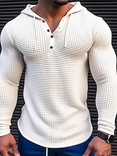 billiga Våffelstickad t-shirt-Herr Våffelskjorta T-shirt T-tröja Långärmad tröja Långärmad Huva Vår &amp; Höst Slät Mode Designer Grundläggande Semester Gata Utekväll Vit Khaki grön Ljusgrå Topp t-shirt för män