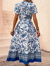 preiswerte Ausgefallene Kleider-Damen Maxidress Casual kleid Schaukelkleid A Linie Kleid Boho-Kleid Brautkleider schlicht Täglich Regular Fit Blumen Halbe Ärmel V Ausschnitt Blau Sommer Frühling