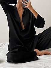 ieftine Seturi noapte pentru femei-Pentru femei Set pijama Casual Confortabili Culoare pură Butonul sus Talie elastică Cămașă Pantaloni Casă Zilnic Manșon Lung Guler Cămașă Negru Trifoi Vară Primăvară Toamnă Fit regulat
